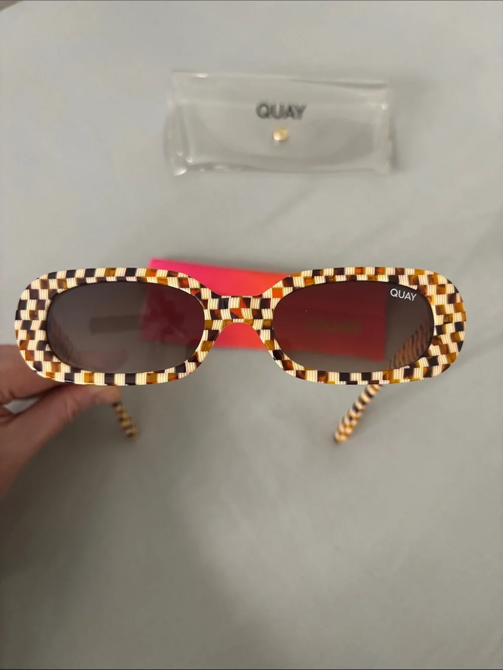 Quay Australia Checkered Brown and Cream Oval Sunglasses